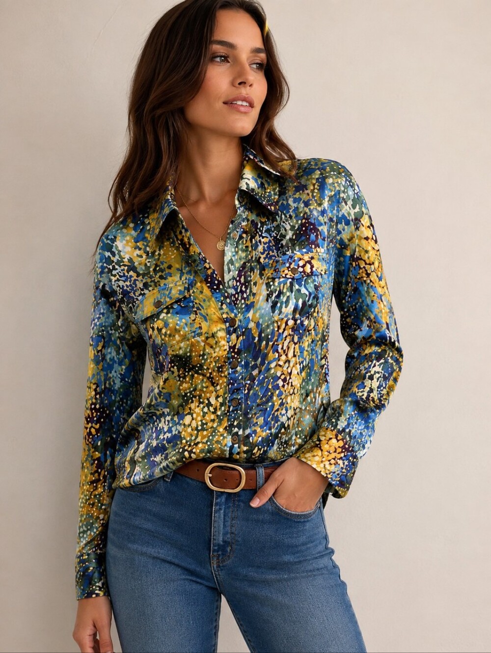 ❤️ CACHE VINTAGE Y2K SATIN STRETCH SILK SNAP FRONT BLOUSE / TOP, MEDIUM